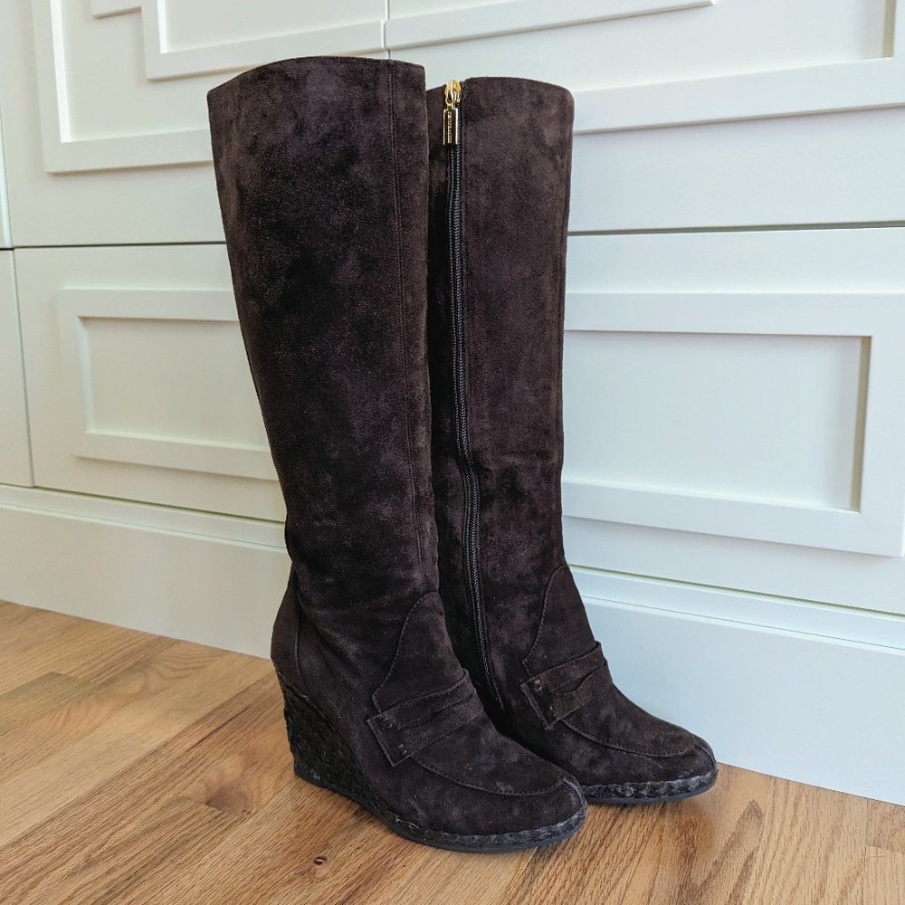 Bruno Magli brown suede wedge boots perfect for narrow calf!